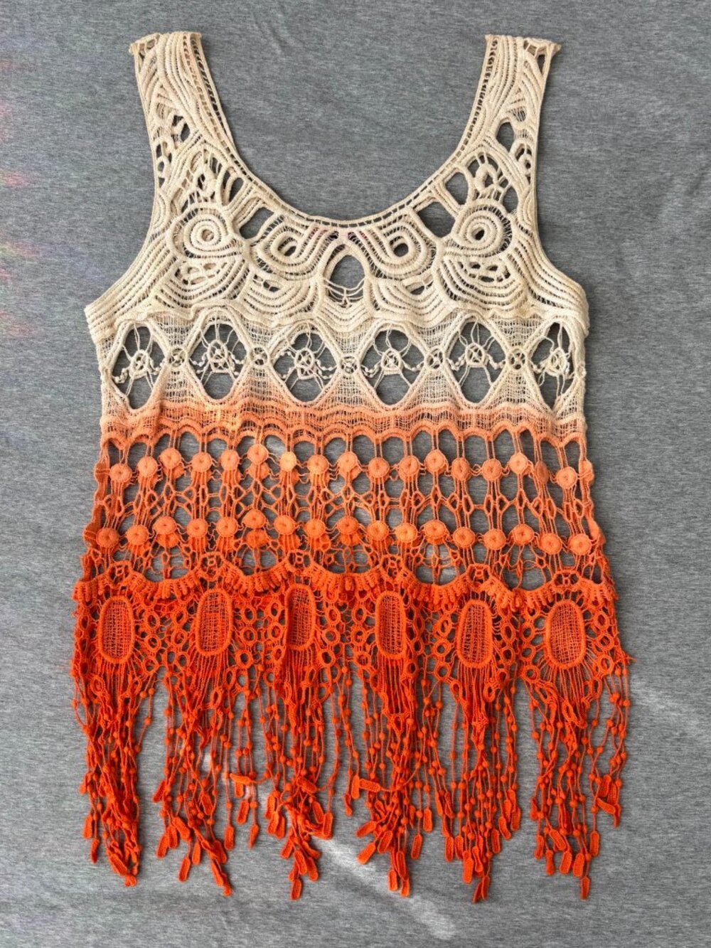 Crochet Lace Tank Top Vivid Collection Womens Orange Ombre Fringe Boho Festival